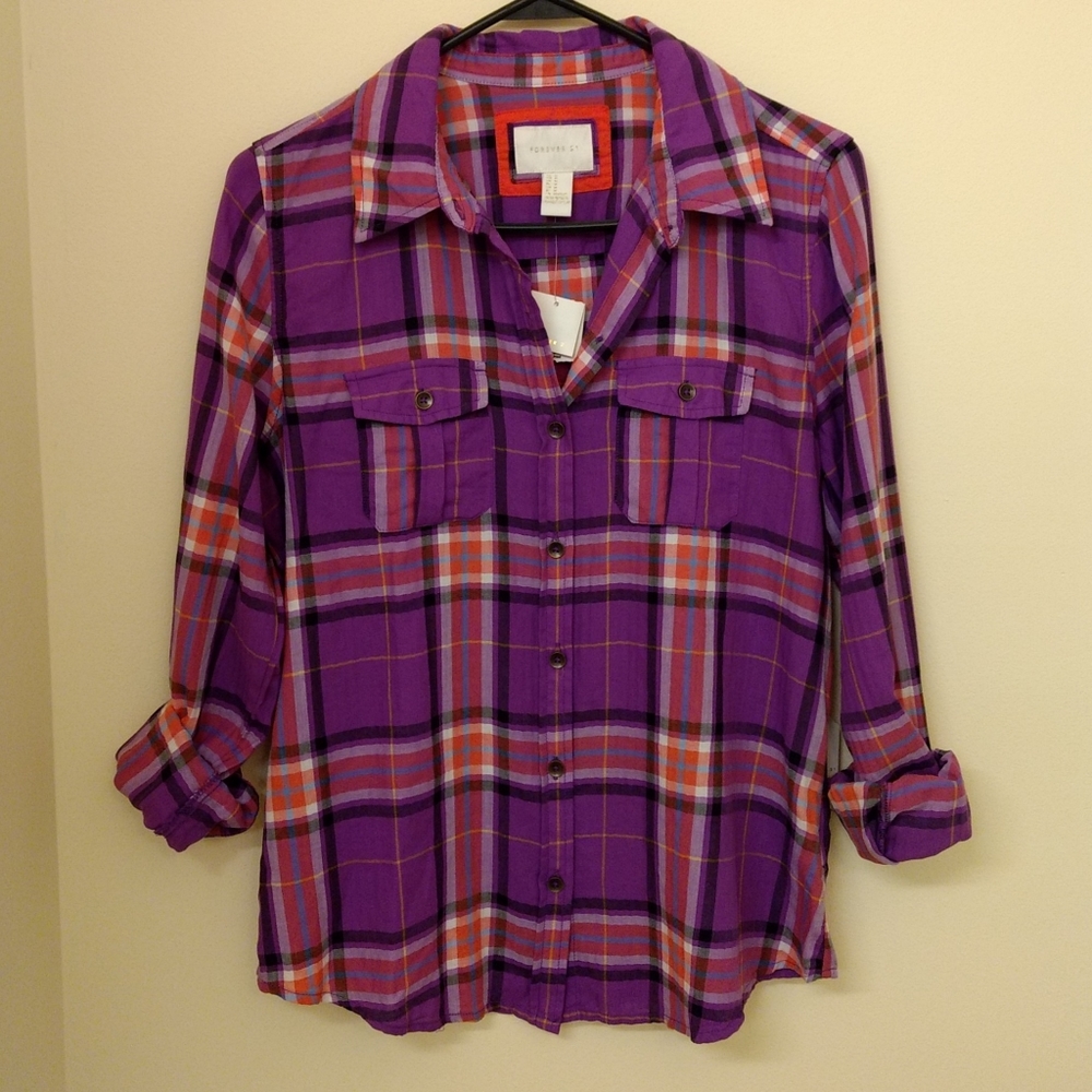 Forever 21 purple, red and white plaid shirt.